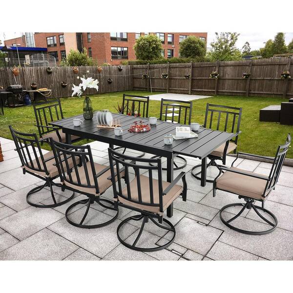 Phi Villa Black 9 Piece Metal Outdoor Patio Dining Set With Extendable Table And Stripe Swivel Chairs Beige Cushions Thd9 305 113 9 Piece Metal Outdoor Patio Dining Set, Phi Villa Outdoor Furniture