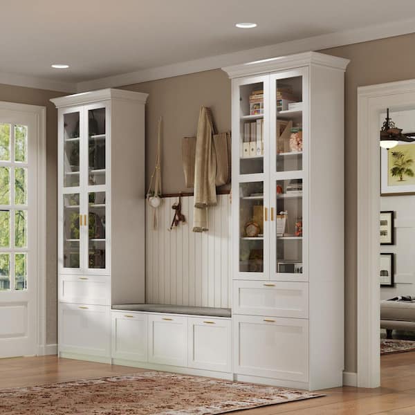 White Wooden Hall Tree System, Storage Coat Rack, Jewelry Armoire with Seat, 5 Drawers and 12 Shelves without Hooks