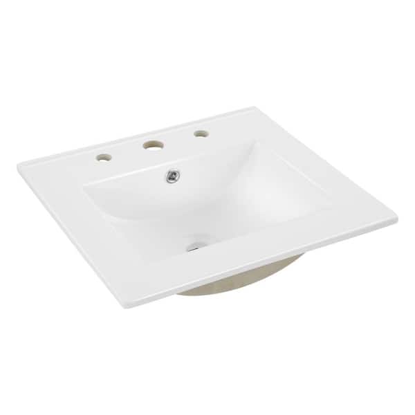 JONATHAN Y Ancillary 3-Hole 20 in. W x 18.25 in. D Classic Contemporary Rectangular Ceramic Single Sink Basin Vanity Top in White