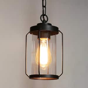 Modern Black Outdoor Pendant Lights, Rhett 1-Light Farmhouse Lantern Cage Outdoor Pendant Light with Clear Shade