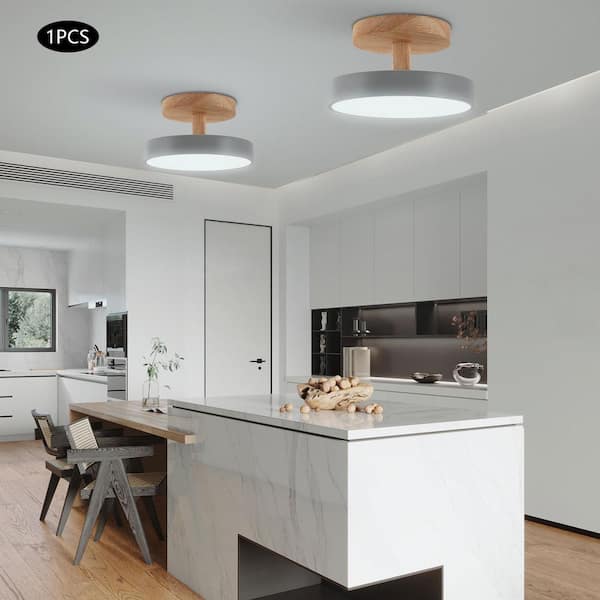 OUKANING 7.08 in. 1-Light White and Wood Modern Round