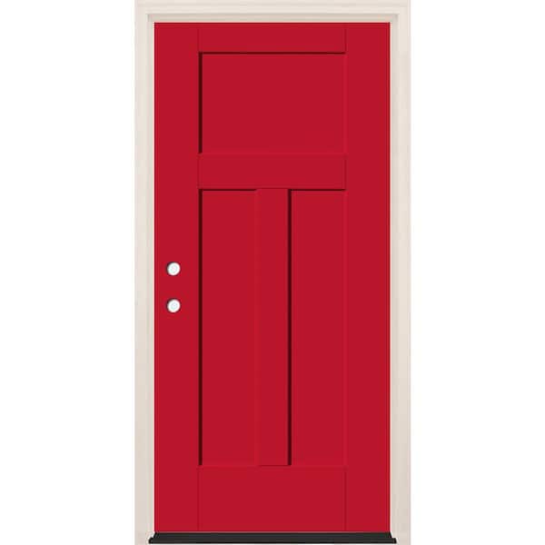 Builders Choice 36 in. x 80 in. 3-Panel Craftsman Right-Hand Ruby Red Fiberglass Prehung Front Door w/6-9/16 in. Frame and Bronze Hinges