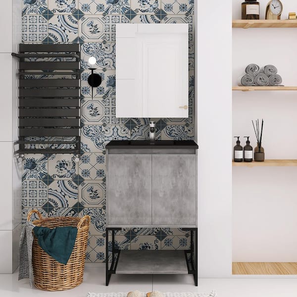 Staykiwi 24 in. W x 19 in. D x 34 in. H Freestanding Bath Vanity in Concrete Gray with Black Cultured Mable Top