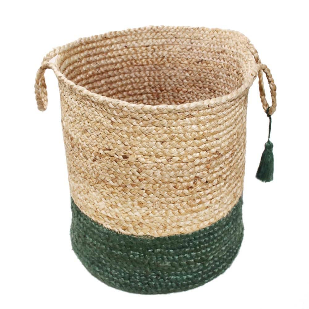 Handmade Round Tan and Green Jute Storage Basket with Loop Handles