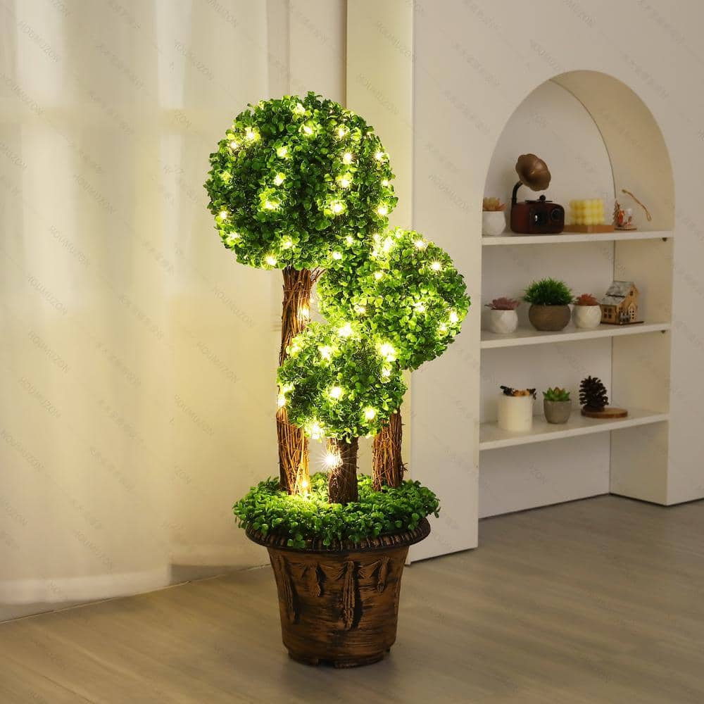 50 in. Plastic Artificial Topiary Triple Ball Tree Garden Decor with LED Li