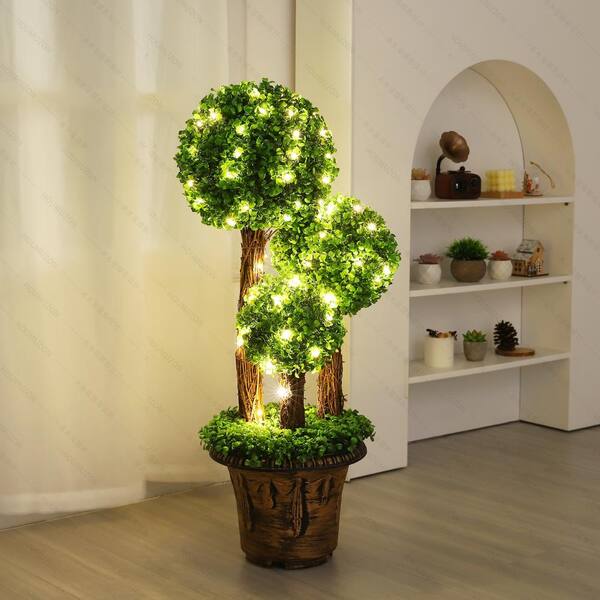 Unbranded 50 in. Plastic Artificial Topiary Triple Ball Tree Garden Decor with LED Light