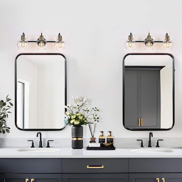 Modern 23 in. 3-Light Black Vanity Light, DIY Polished Brass Bath Light, Classic Globe Clear Glass Bathroom Wall Sconce