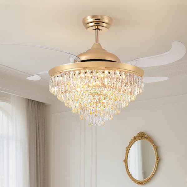 52 in. Modern Indoor Modern Gold Retractable Crystal Ceiling Fan with light and Remote, Chandelier Fan Downrod Mount