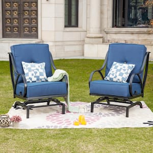 Rocking Metal Outdoor Lounge Chair with Blue Cushion (2-Pack)