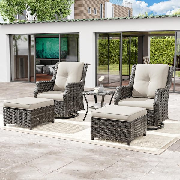 JOYSIDE 5-Piece Wicker Outdoor Patio Conversation Set with Swivel Rocking Chair, Side table, Ottomans and Beige Cushions