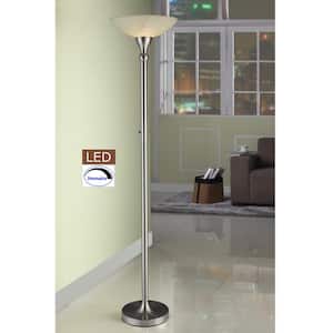 71 in. LED Torchiere Satin Nickel Floor Lamp with Hand-Painted Alabaster Glass Shade and Dimmer