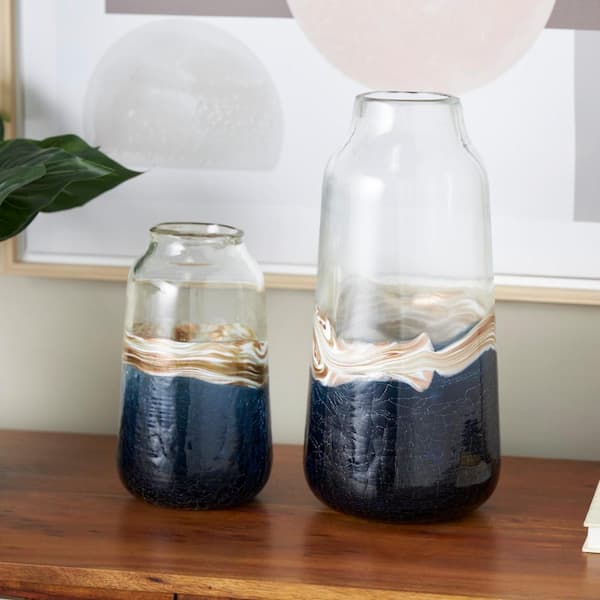 Litton Lane Dark Blue Textured Swirl Glass Abstract Decorative Vase with Gold and Cream Accents (Set of 2)