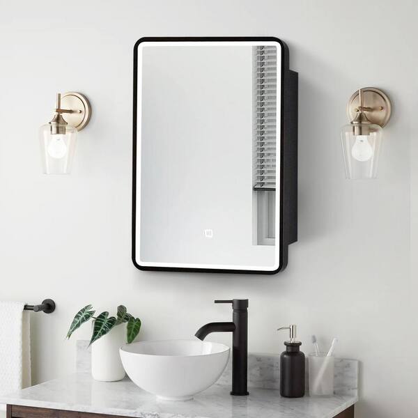 Unbranded 24 in. W x 30 in. H Rectangular Black Framed Iron Medicine Cabinet with Mirror Anti-fog Function and 3 Colors Light