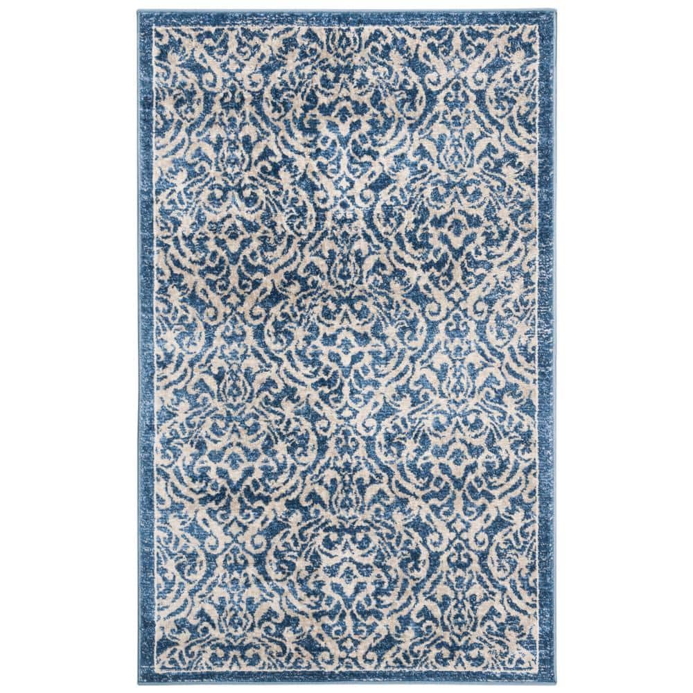 Navy and Cream Damask 4' x 6' Synthetic Area Rug