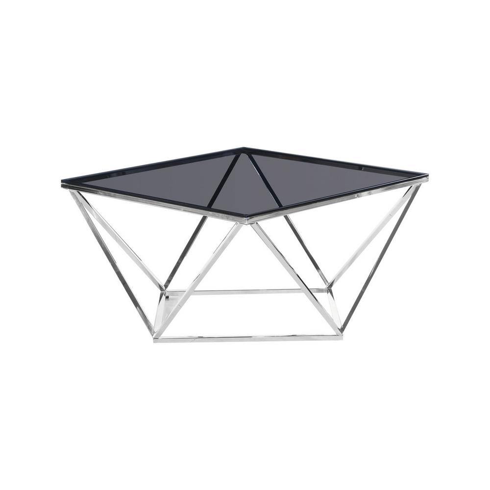 31.5" Smoked Glass and Silver Stainless Steel Square Coffee Table