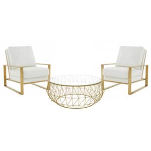 Jefferson Modern 3-Piece Living Room Set with 2-Leather Arm Chair and Round Coffee Table with Gold Frame (White)