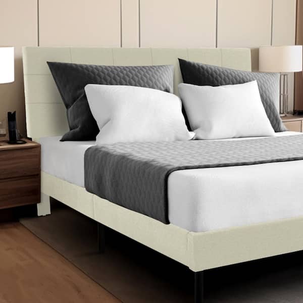 JEAREY Alex Beige Queen Upholstered Platform Bed Frame with Headboard