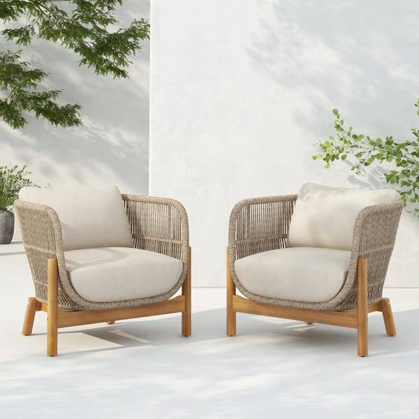 Aurora Teak Solid Wood and Rope Outdoor Patio Lounge Chairs with Beige Cushions, Set of 2