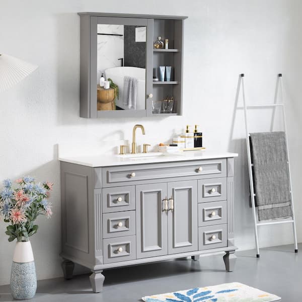 48 in. W x 22 in. D x 35 in. H Bath Vanity in Gray with Carrera White Vanity Top and Medicine Cabinet