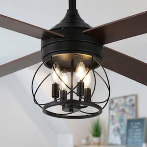 Faria 52 in. Indoor Brown 4-Light Rustic Modern Ceiling Fan with Lights, Scandi 6-Speed Reversible Ceiling Fan w/Remote