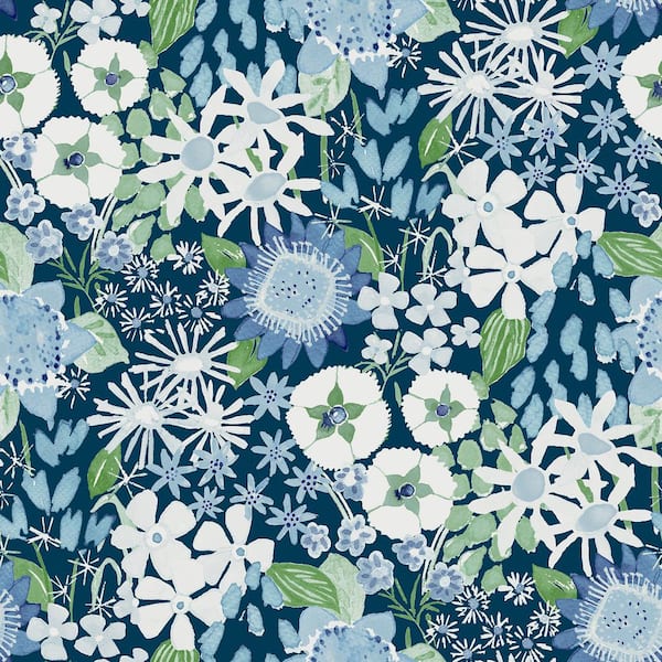 A-Street Prints Karina Blue Wildflower Garden Paper Glossy Non-Pasted Wallpaper Roll