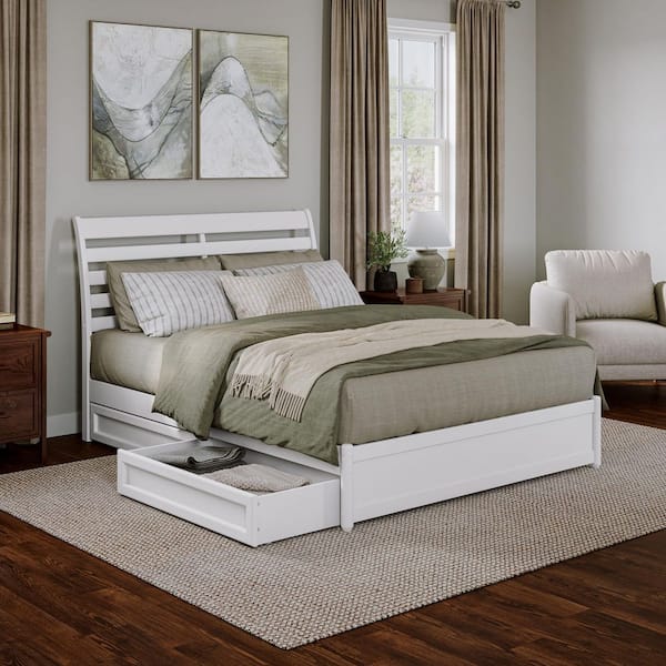 AFI Emelie White Solid Wood Frame Queen Platform Bed with Panel Footboard and Storage Drawers