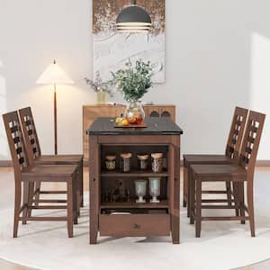Counter Height 5-piece Dark Walnut and Black Faux Marble Tabletop Dining Set with 4-Chairs, Storage Cabinet and Drawer