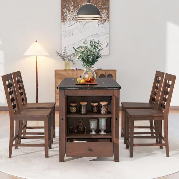 Harper & Bright Designs Counter Height 5-piece Dark Walnut and Black Faux Marble Tabletop Dining Set with 4-Chairs, Storage Cabinet and Drawer