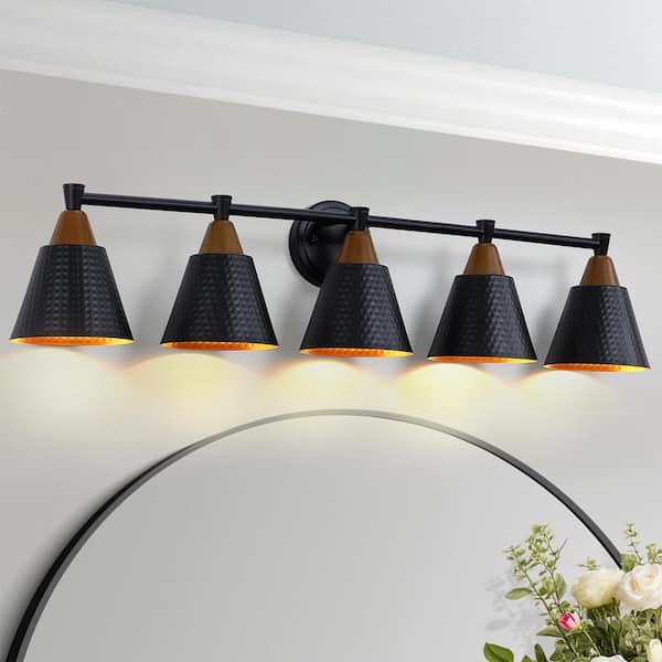 37.5 in. 5 Light Black and Wood Grain Vanity Light Fixture Over Mirror for Bathroom with Hammered Metal Shade
