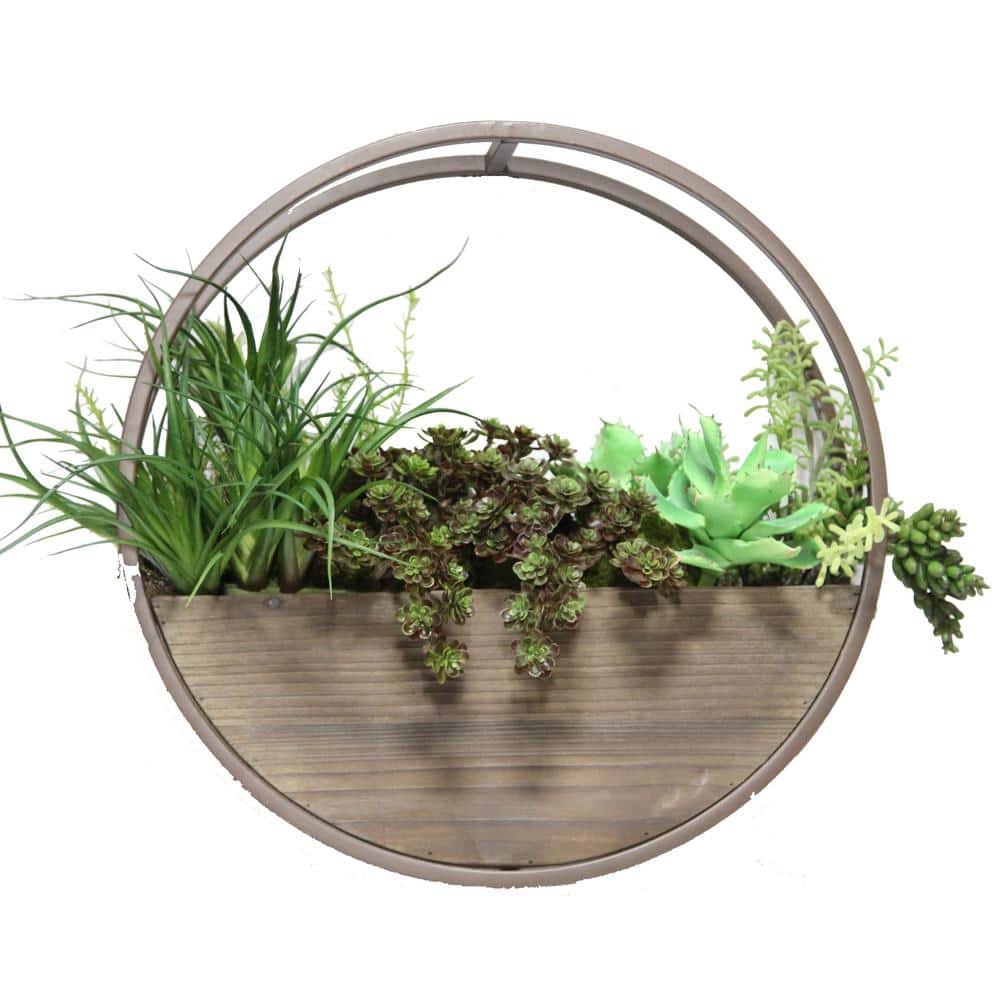 Set of 2 Round Brown Wood and Metal Wall Hanging Planters