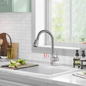 Touchless Square Single Handle Pull Down Sprayer Kitchen Faucet with Multifuctional Sprayer in Brushed Nickel