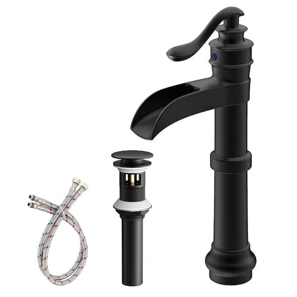 HOMEMYSTIQUE Single Handle Waterfall Vessel Sink Faucet with Drain Kit Included in Matte Black