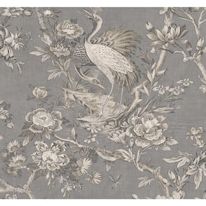 60.75 sq. ft. Metallic Pewter Alice Crane Toile Paper Unpasted Wallpaper Roll