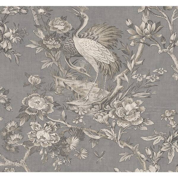 Seabrook Designs 60.75 sq. ft. Metallic Pewter Alice Crane Toile Paper Unpasted Wallpaper Roll