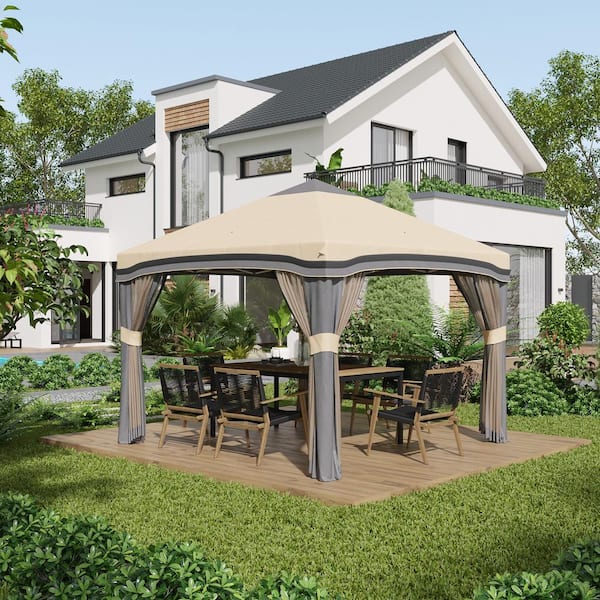 10 ft. x 10 ft. Beige Pop Up Canopy Tent with Netting, Instant Tent with Wheeled Carry Bag and 4 Sand Bags
