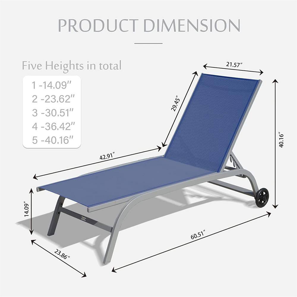 Blue Aluminum Armless Chaise Lounge Set with Adjustable Backrest