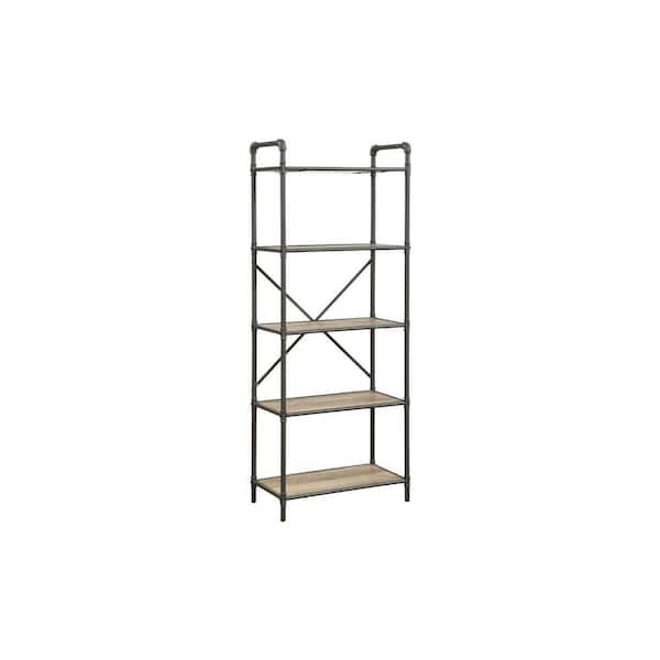 Benjara Oak Brown and Gray 5-Tier Metal with Wooden Shelves Bookshelf