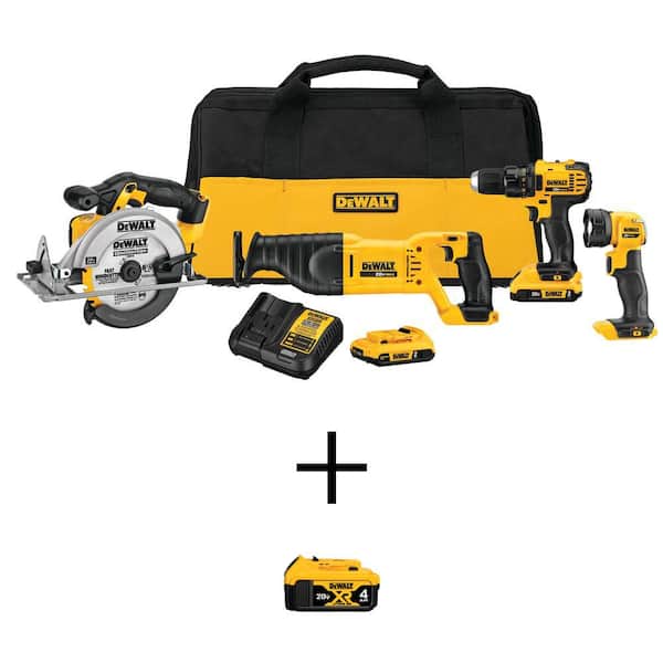DEWALT 20V MAX Cordless 4 Tool Combo Kit with 20V MAX XR Lithium-Ion 4.0Ah Battery Pack, (2) 20V 2.0Ah Batteries and Charger