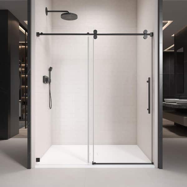 48 in. W x 76 in. H Single Sliding Frameless Shower Door in Matte Black with Clear 3/8 in. Glass