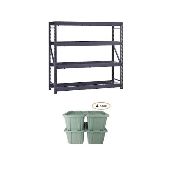 4-Shelf Metal Garage Shelving Unit in Black (77 in. x 72 in. x 24 in.) and 27 Gal. Storage Tote in Green (4-Pack)