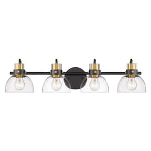 28.3 in. 4-Light Black and Gold Vanity Light Wall Sconce-Lighting Over Mirror with Clear Glass Shade For Bathroom