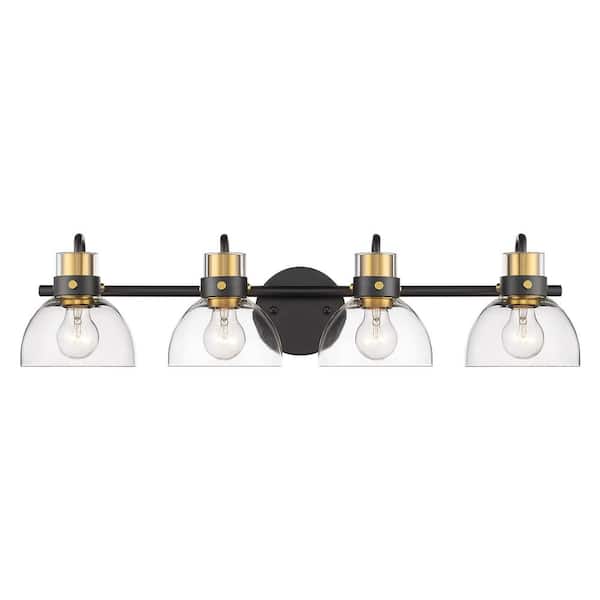 JAZAVA 28.3 in. 4-Light Black and Gold Vanity Light Wall Sconce-Lighting Over Mirror with Clear Glass Shade For Bathroom