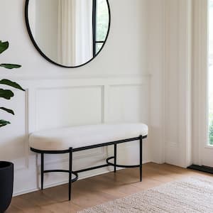 White Velvet Oval 47.5 in. W x 18.75 in. H Bench with Black Metal Frame