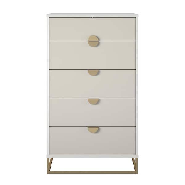 Novogratz Kelly Dresser 5-Wood Drawer, White/Taupe (47 in. H x 27 in. W x 20 in. D)