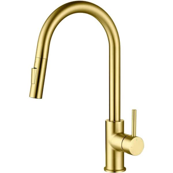 KIBI 16.5 in. H Single Hole 1.8 GPM Pull Down Sprayer Kitchen Faucet with 360° Spout Swivel in Brushed Gold