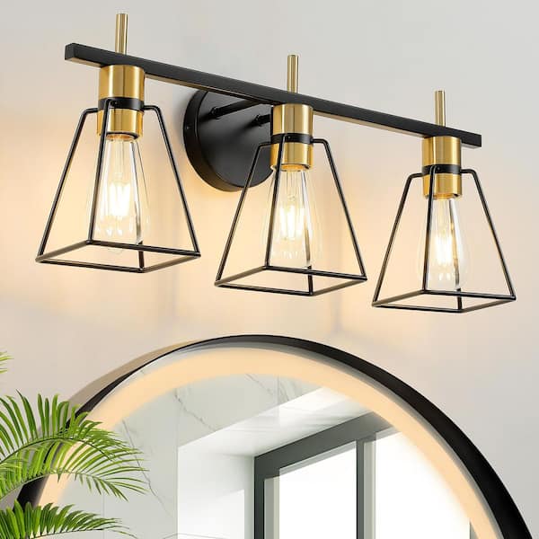 KAISITE 22 in. 3-Light Black and Gold Vanity-Light with Metal Cage Shade Rustic Farmhouse Bathroom-Light Fixture