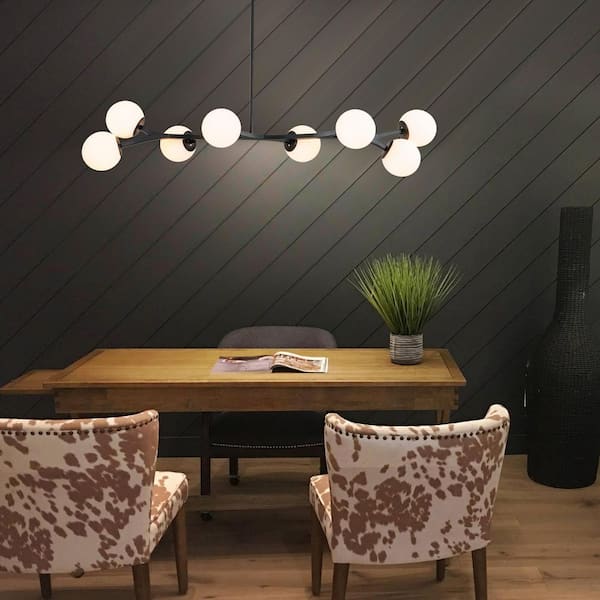 Lucie 55.9 in. 8-Light Mid-Century Black Sputnik Chandelier Linear Kitchen Island Pendant with Opal Glass Shades