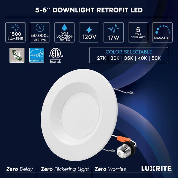 LUXRITE 5/6 in. LED Can Light Adjustable CCT 2700K-5000K 17W=90W