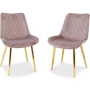 Simone Cute Dining Room and Kitchen Velvet Chair Set of 2 in Pink with Gold Metal Legs