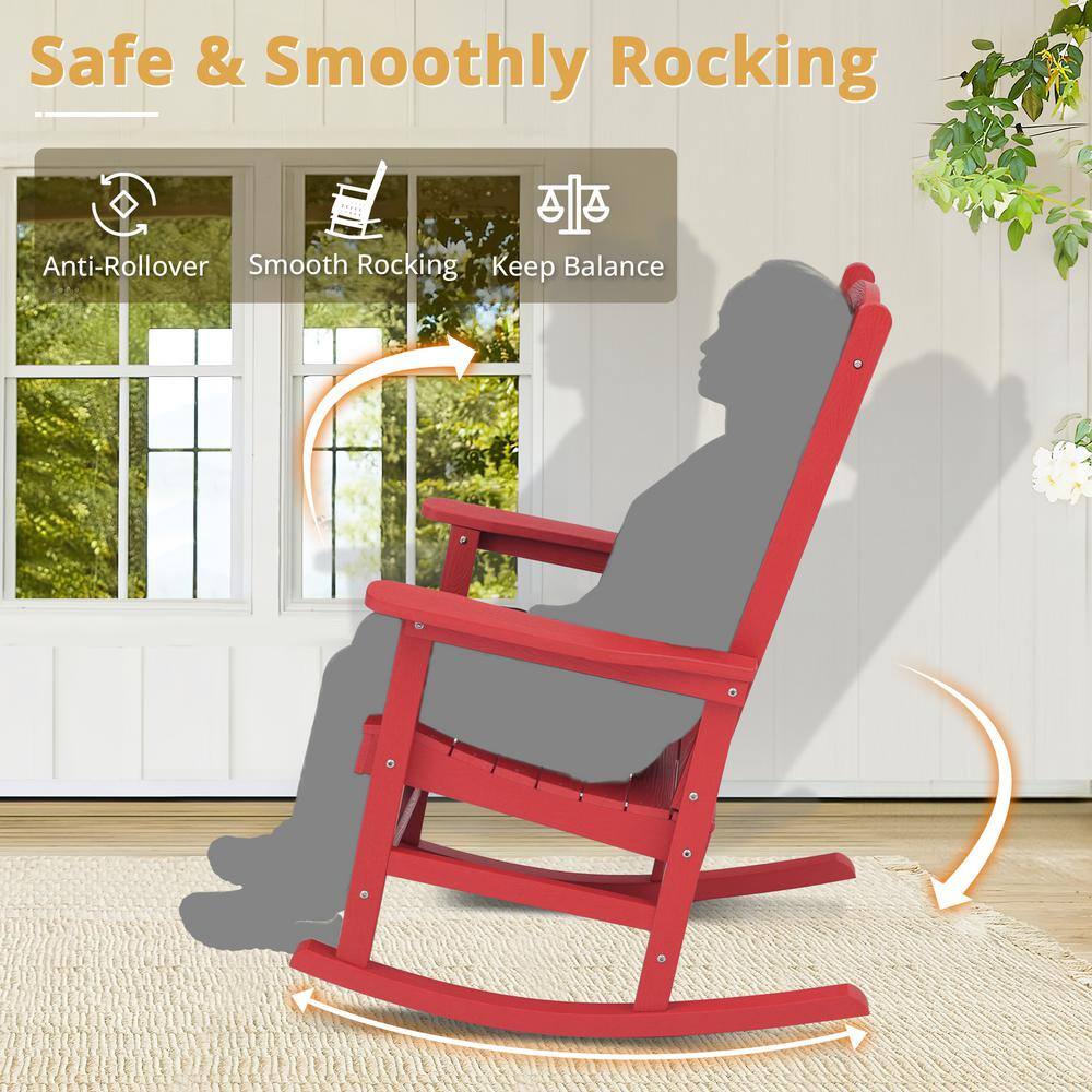 Bright Red HDPE Plastic Adirondack Outdoor Rocking Chairs, Set of 2